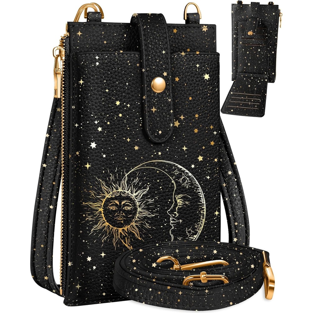 image:imageMiss Adola Phone Purse Crossbody Bags for Women Leather Small Cell Phone Wallet RFID Blocking with Card Slots amp Adjustable Strap Cute Designer Aesthetic Cross Body Bags Blue Line FlowerBlack Sun Moon