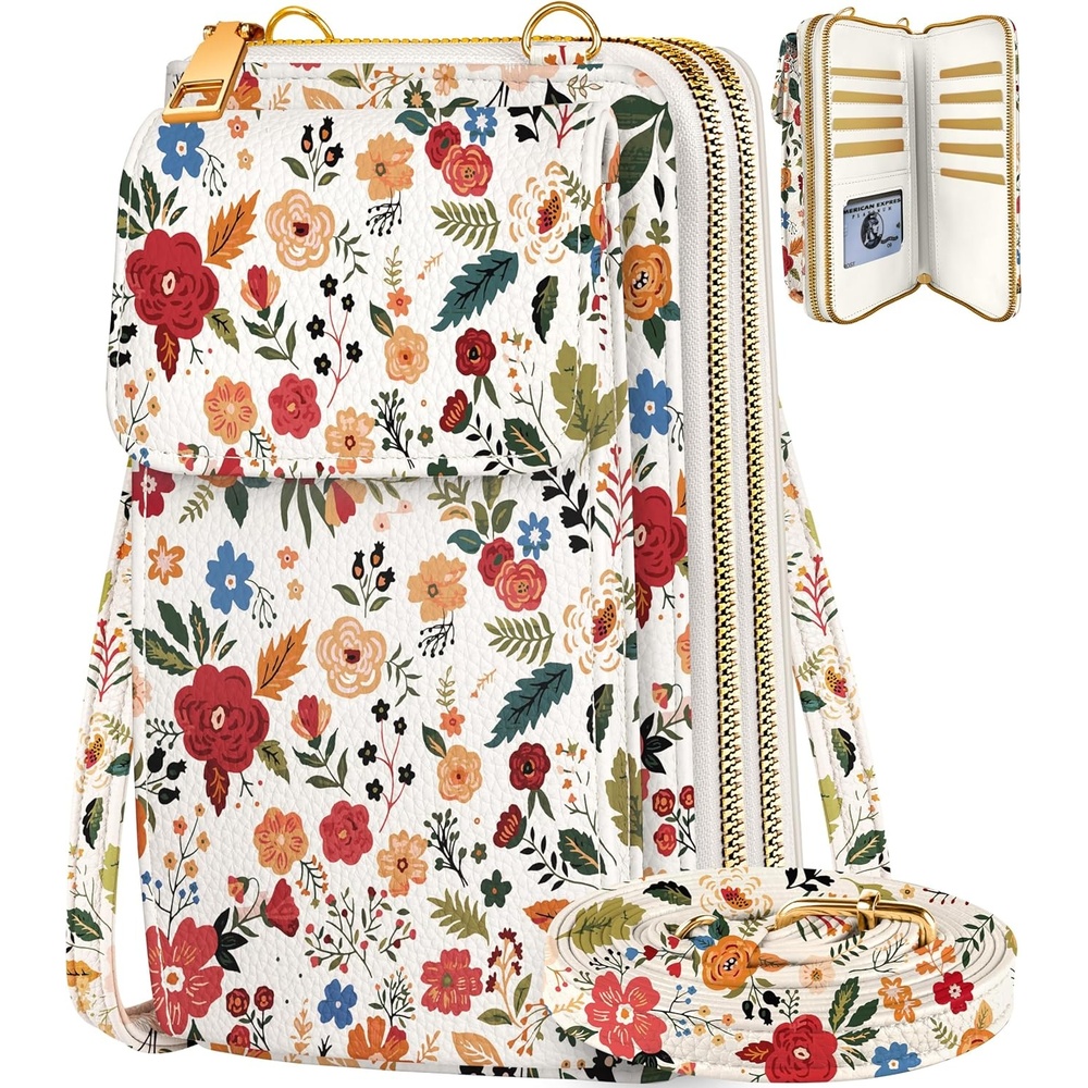image:imageMiss Adola Phone Purse for Women Cute Small Crossbody Bags Cellphone Wallet with Adjustable Strap Zipper and Card SlotsBeige Flower