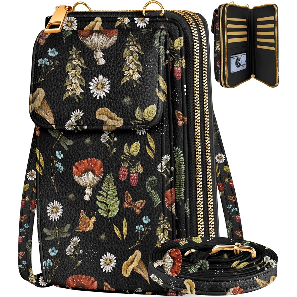 image:imageMiss Adola Phone Purse for Women Cute Small Crossbody Bags Cellphone Wallet with Adjustable Strap Zipper and Card SlotsBlack Mushroom