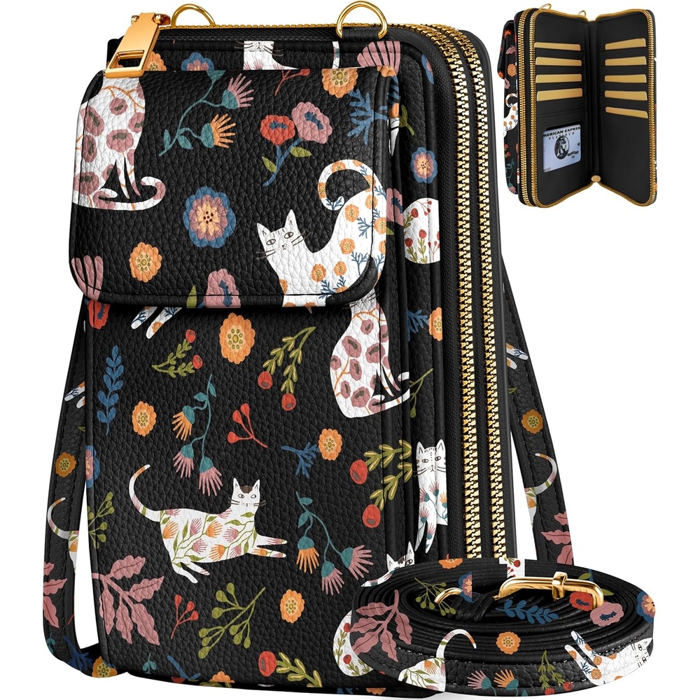 image:imageMiss Adola Phone Purse for Women Cute Small Crossbody Bags Cellphone Wallet with Adjustable Strap Zipper and Card SlotsFlower Cats