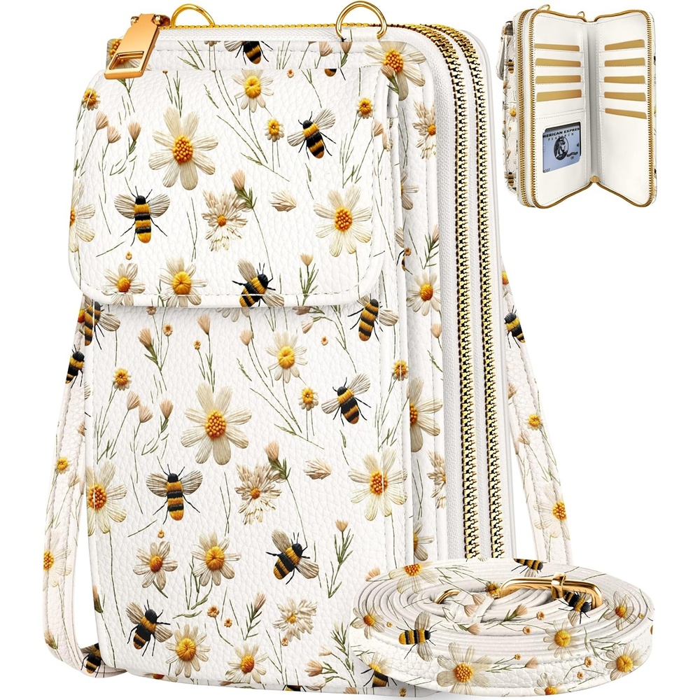 image:imageMiss Adola Phone Purse for Women Cute Small Crossbody Bags Cellphone Wallet with Adjustable Strap Zipper and Card SlotsWhite Flower