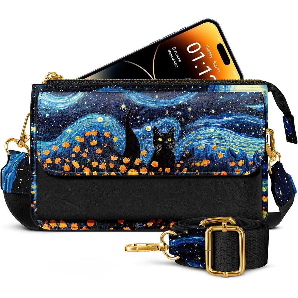 image:imageMiss Adola Small Crossbody Bag for Women Phone Purse Wallet Leather Cellphone Purse Bag with Adjustable Shoulder StrapStar Daisy Cat