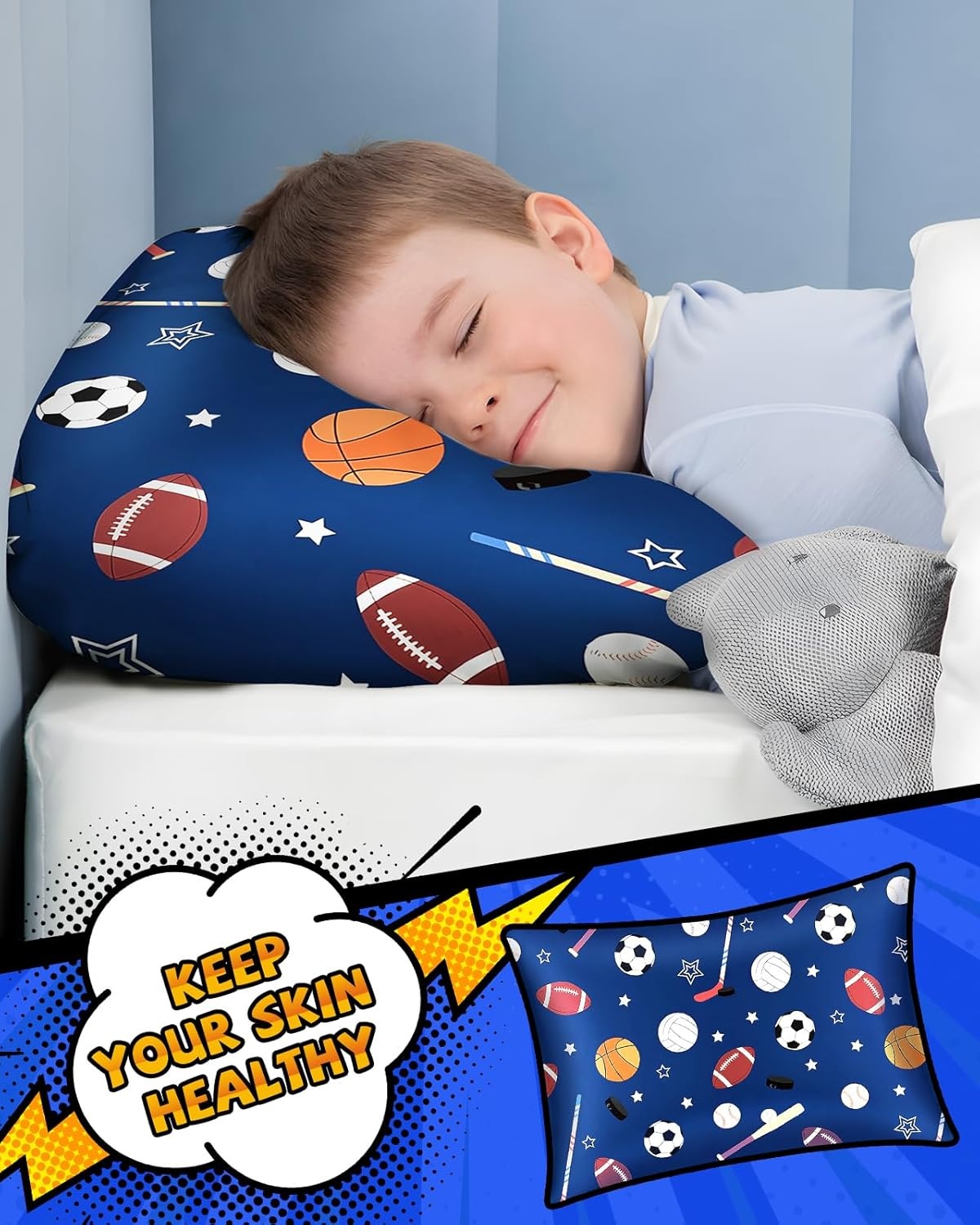 image:imageMiss Adola 1Pc Silk Pillowcase for Kids 30x20 Queen 19 Momme Mulberry Silk Pillow Case with Hidden Zipper for Hair and Skin Cute Cartoon for Toddlers Teens Boys Girls Pink Girl ShadowBlue Ballgame