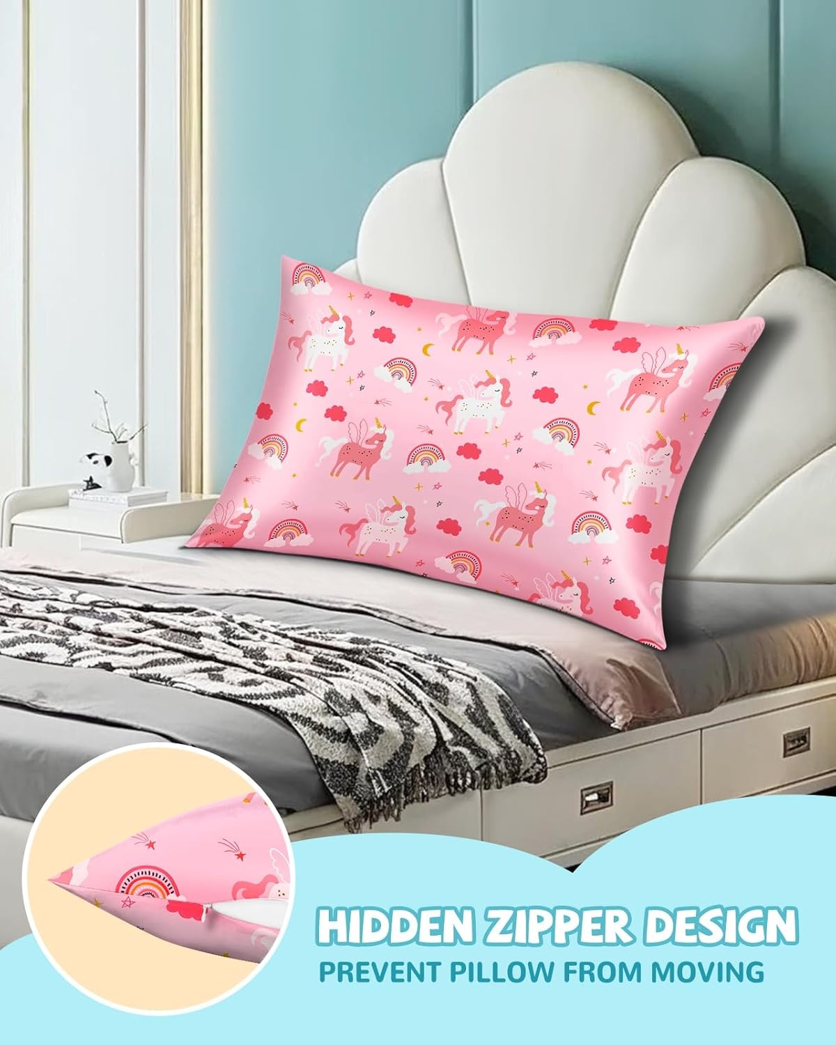 image:imageMiss Adola 1Pc Silk Pillowcase for Kids 30x20 Queen 19 Momme Mulberry Silk Pillow Case with Hidden Zipper for Hair and Skin Cute Cartoon for Toddlers Teens Boys Girls Pink Girl ShadowRainbow Unicorn