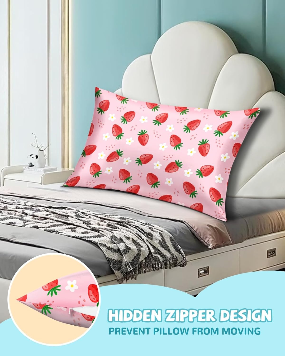 image:imageMiss Adola 1Pc Silk Pillowcase for Kids 30x20 Queen 19 Momme Mulberry Silk Pillow Case with Hidden Zipper for Hair and Skin Cute Cartoon for Toddlers Teens Boys Girls Pink Girl ShadowStrawberry