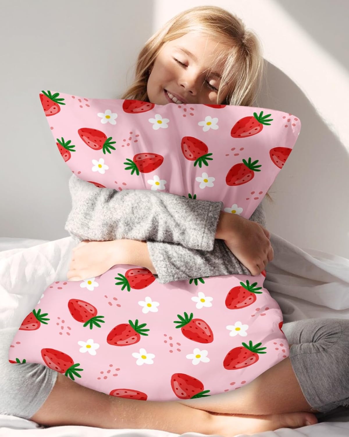 image:imageMiss Adola 1Pc Silk Pillowcase for Kids 30x20 Queen 19 Momme Mulberry Silk Pillow Case with Hidden Zipper for Hair and Skin Cute Cartoon for Toddlers Teens Boys Girls Pink Girl ShadowStrawberry