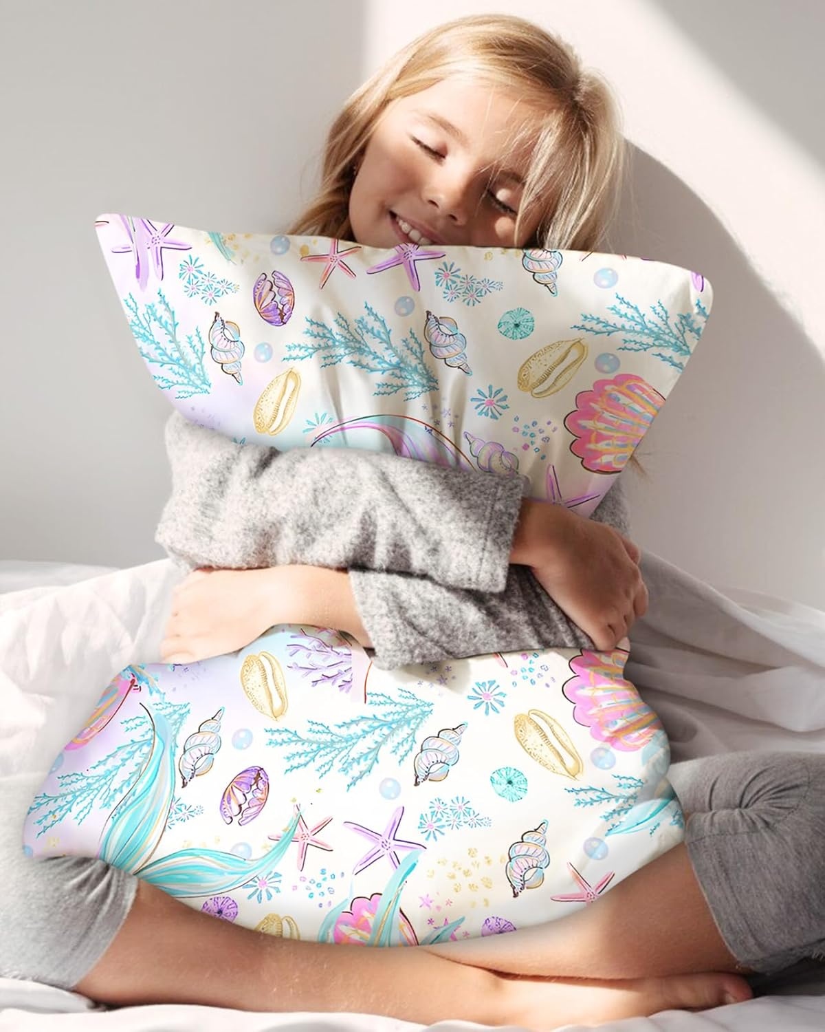 image:imageMiss Adola 1Pc Silk Pillowcase for Kids 30x20 Queen 19 Momme Mulberry Silk Pillow Case with Hidden Zipper for Hair and Skin Cute Cartoon for Toddlers Teens Boys Girls Pink Girl ShadowFish Tail