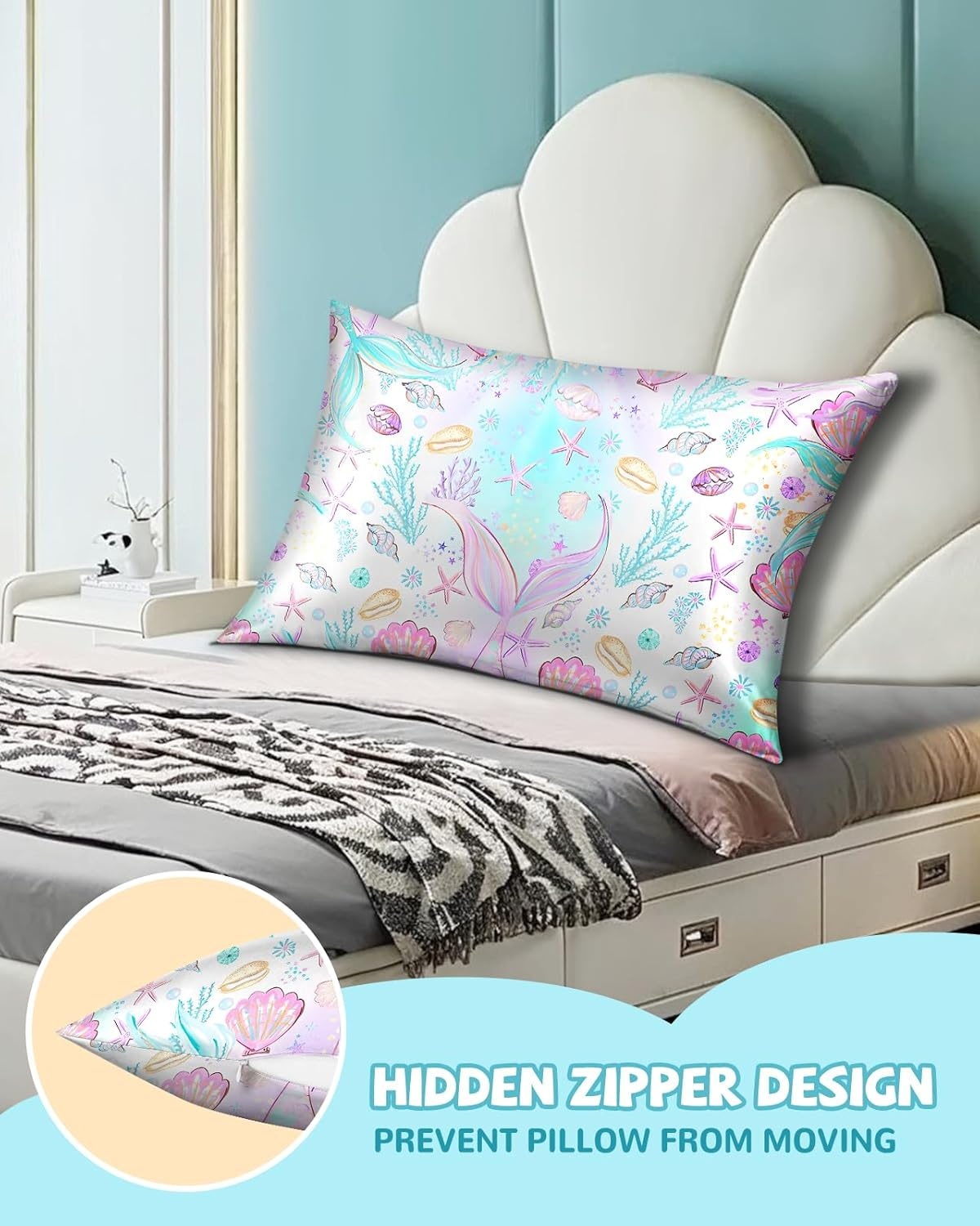 image:imageMiss Adola 1Pc Silk Pillowcase for Kids 30x20 Queen 19 Momme Mulberry Silk Pillow Case with Hidden Zipper for Hair and Skin Cute Cartoon for Toddlers Teens Boys Girls Pink Girl ShadowFish Tail