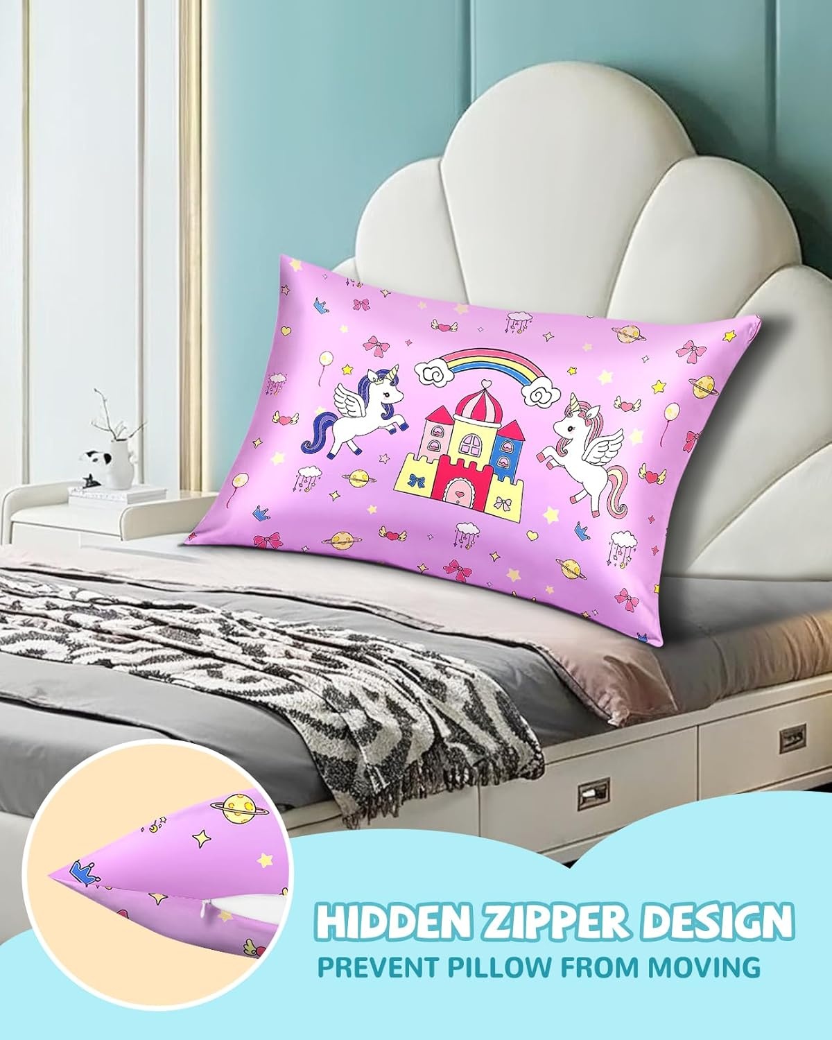 image:imageMiss Adola 1Pc Silk Pillowcase for Kids 30x20 Queen 19 Momme Mulberry Silk Pillow Case with Hidden Zipper for Hair and Skin Cute Cartoon for Toddlers Teens Boys Girls Pink Girl ShadowCouple Unicorn