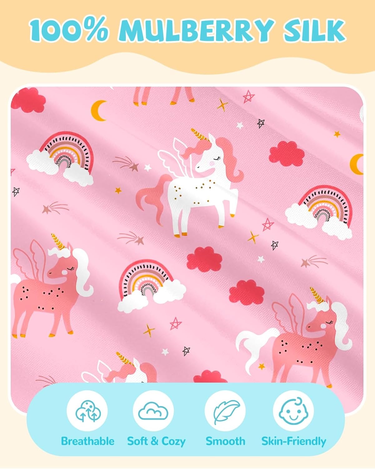 image:imageMiss Adola 1Pc Silk Pillowcase for Kids 30x20 Queen 19 Momme Mulberry Silk Pillow Case with Hidden Zipper for Hair and Skin Cute Cartoon for Toddlers Teens Boys Girls Pink Girl ShadowRainbow Unicorn