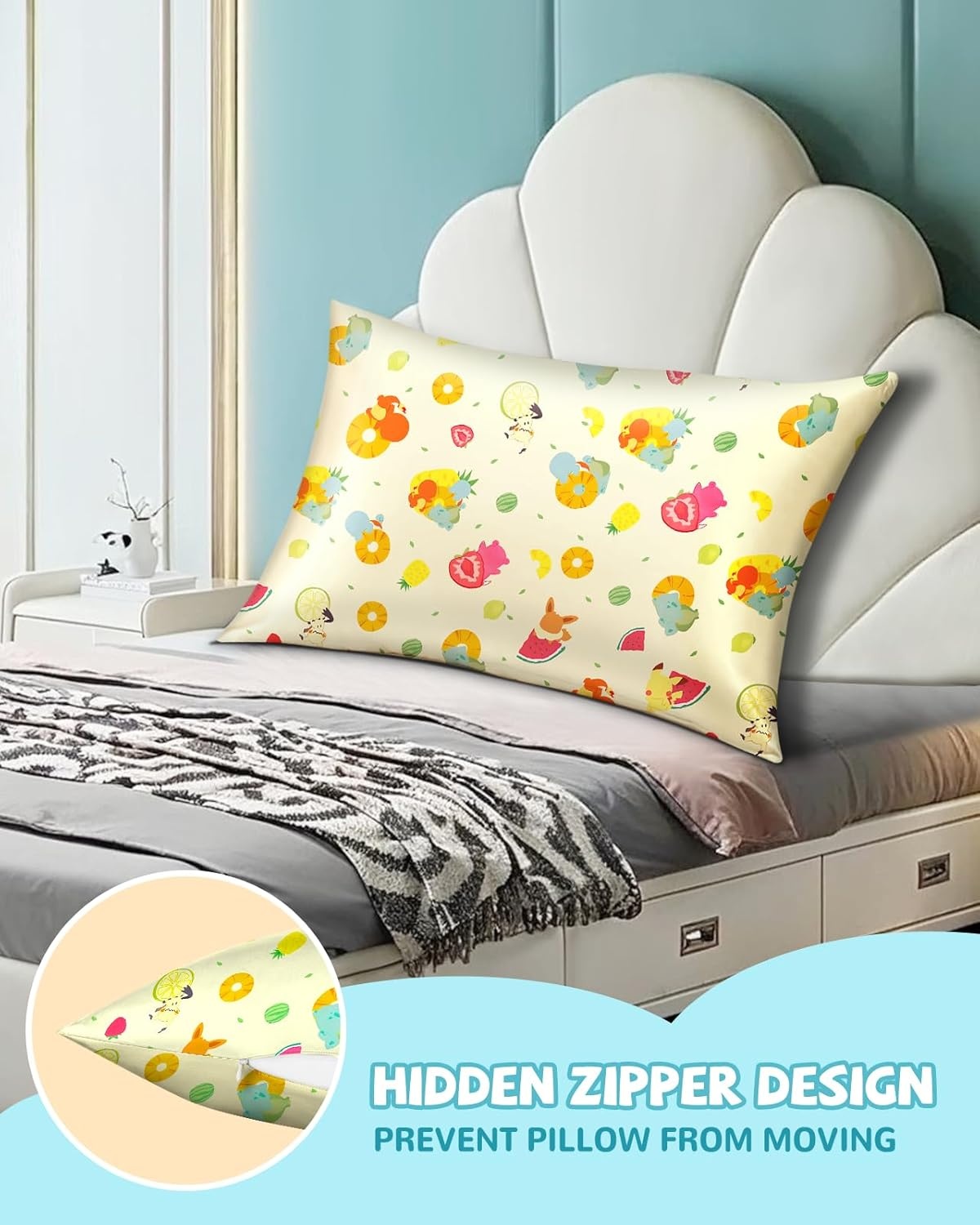 image:imageMiss Adola 1Pc Silk Pillowcase for Kids 30x20 Queen 19 Momme Mulberry Silk Pillow Case with Hidden Zipper for Hair and Skin Cute Cartoon for Toddlers Teens Boys Girls Pink Girl ShadowBkm Fruit