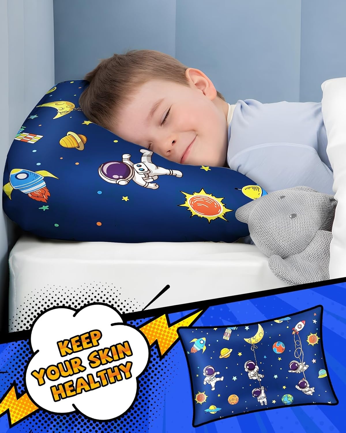 image:imageMiss Adola 1Pc Silk Pillowcase for Kids 30x20 Queen 19 Momme Mulberry Silk Pillow Case with Hidden Zipper for Hair and Skin Cute Cartoon for Toddlers Teens Boys Girls Pink Girl ShadowBlue Astronaut