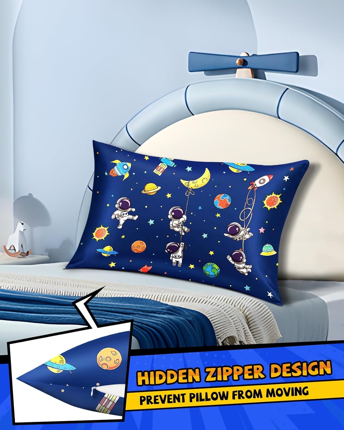 image:imageMiss Adola 1Pc Silk Pillowcase for Kids 30x20 Queen 19 Momme Mulberry Silk Pillow Case with Hidden Zipper for Hair and Skin Cute Cartoon for Toddlers Teens Boys Girls Pink Girl ShadowBlue Astronaut