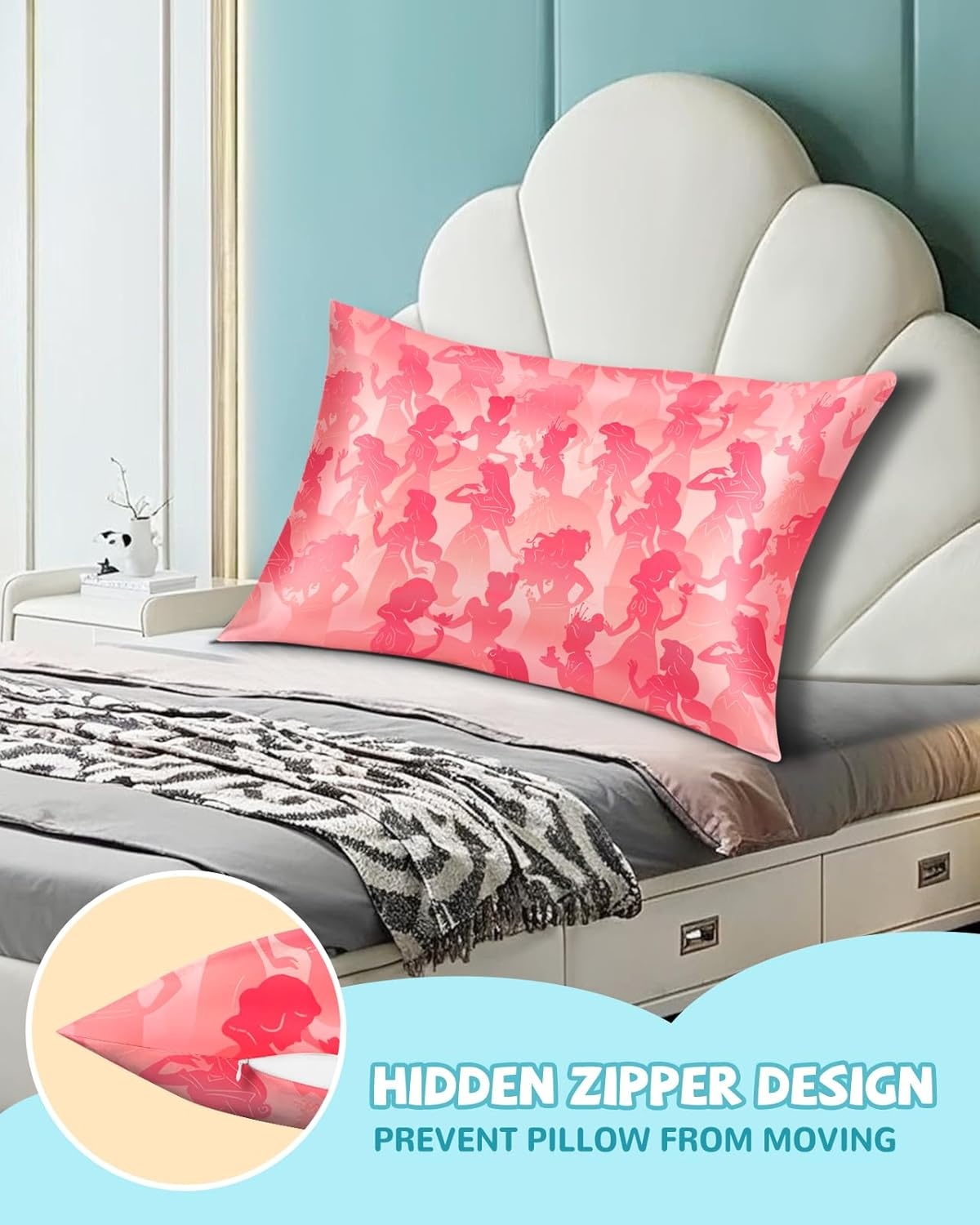 image:imageMiss Adola 1Pc Silk Pillowcase for Kids 30x20 Queen 19 Momme Mulberry Silk Pillow Case with Hidden Zipper for Hair and Skin Cute Cartoon for Toddlers Teens Boys Girls Pink Girl ShadowPrincess Shadow