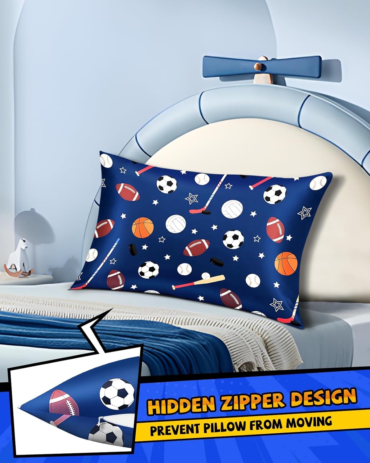 image:imageMiss Adola 1Pc Silk Pillowcase for Kids 30x20 Queen 19 Momme Mulberry Silk Pillow Case with Hidden Zipper for Hair and Skin Cute Cartoon for Toddlers Teens Boys Girls Pink Girl ShadowBlue Ballgame