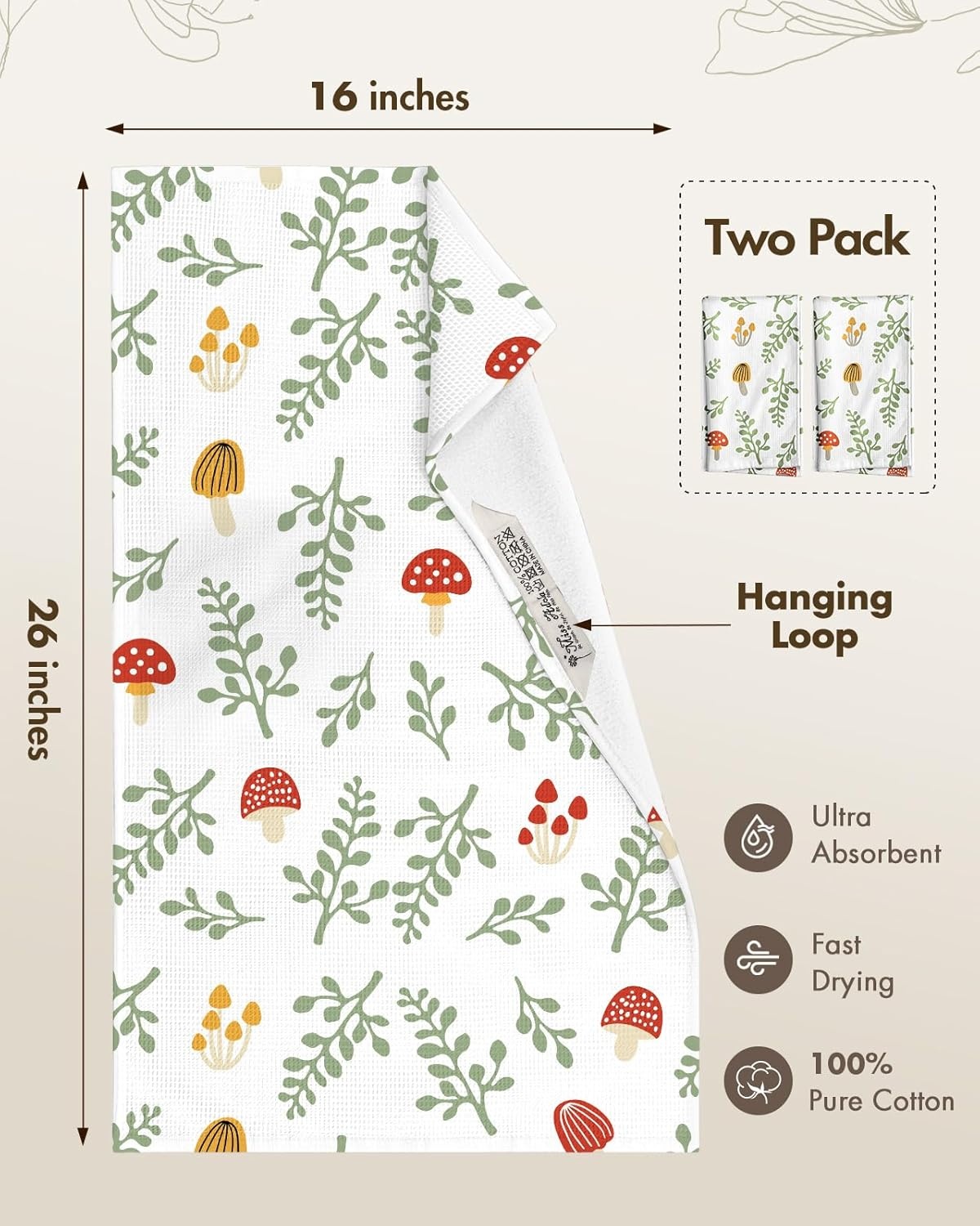 image:imageMiss Adola 2pcs Waffle Kitchen Towels 16x26 Inch Cotton Waffle Weave Dish Cloths Set of 2 with Hanging Loop Absorbent Hand Tea Towels Fruits Design for Housewarming Gift CitrusMushroom
