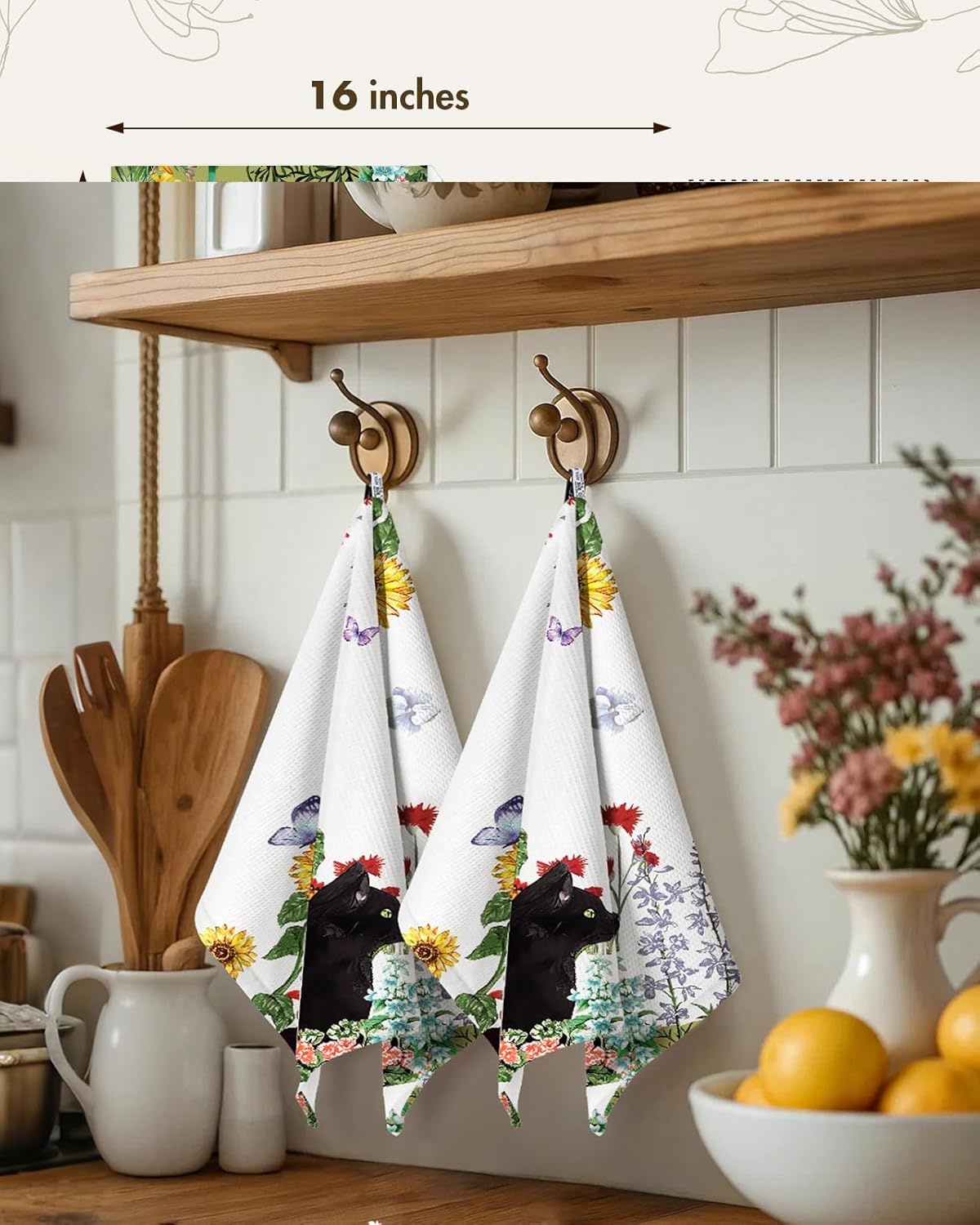 image:imageMiss Adola 2pcs Waffle Kitchen Towels 16x26 Inch Cotton Waffle Weave Dish Cloths Set of 2 with Hanging Loop Absorbent Hand Tea Towels Fruits Design for Housewarming Gift CitrusCat in Flowers