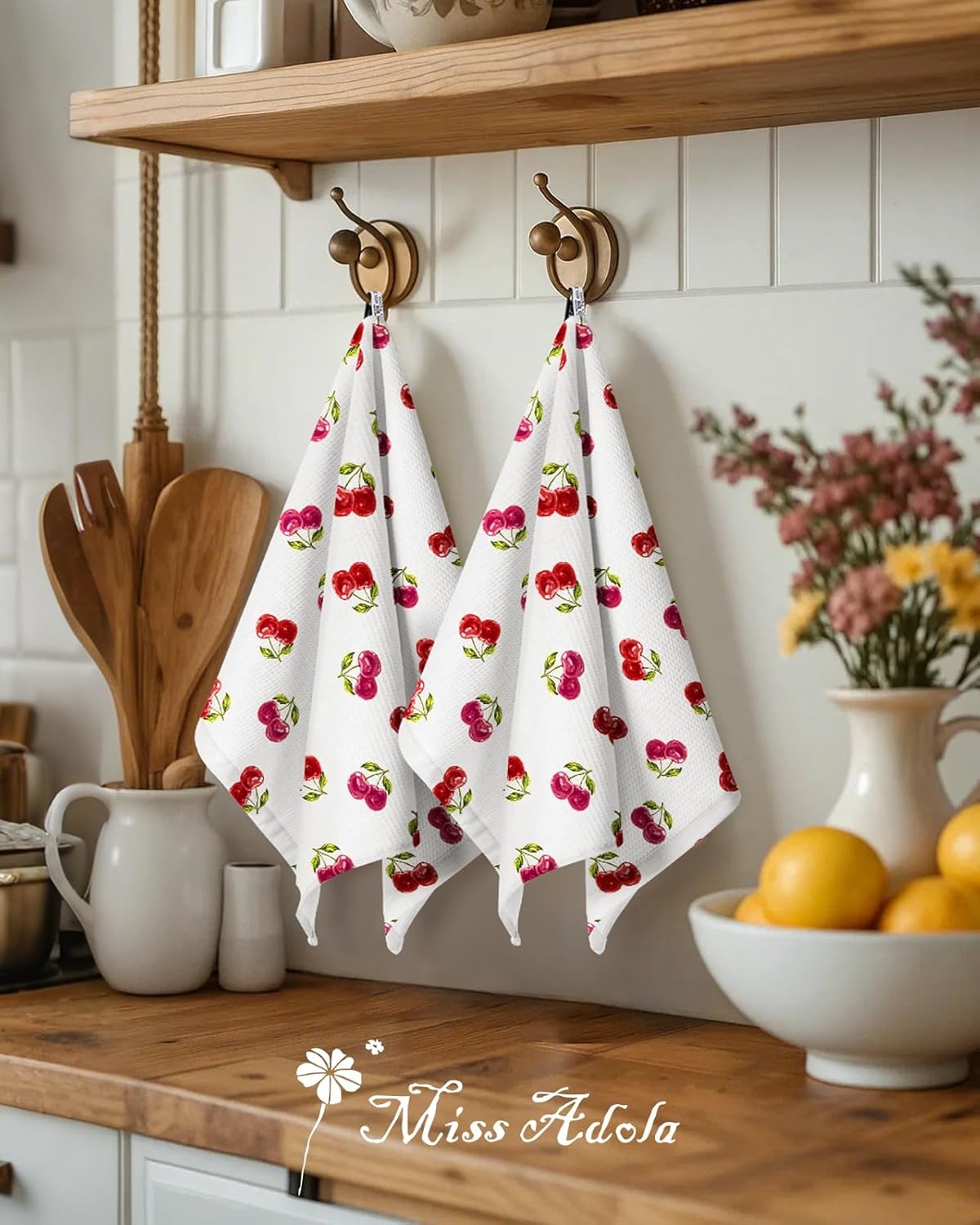 image:imageMiss Adola 2pcs Waffle Kitchen Towels 16x26 Inch Cotton Waffle Weave Dish Cloths Set of 2 with Hanging Loop Absorbent Hand Tea Towels Fruits Design for Housewarming Gift CitrusCherry