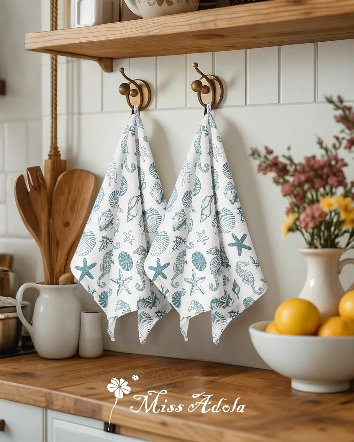image:imageMiss Adola 2pcs Waffle Kitchen Towels 16x26 Inch Cotton Waffle Weave Dish Cloths Set of 2 with Hanging Loop Absorbent Hand Tea Towels Fruits Design for Housewarming Gift CitrusCoastal