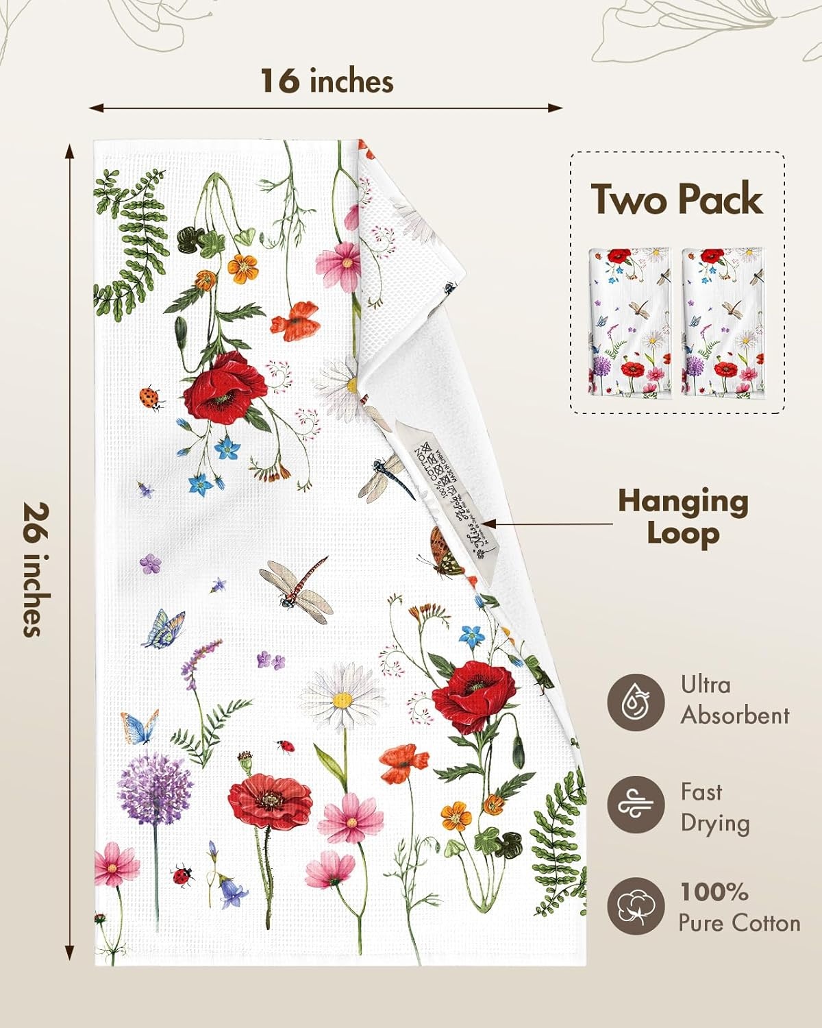 image:imageMiss Adola 2pcs Waffle Kitchen Towels 16x26 Inch Cotton Waffle Weave Dish Cloths Set of 2 with Hanging Loop Absorbent Hand Tea Towels Fruits Design for Housewarming Gift CitrusWildflower