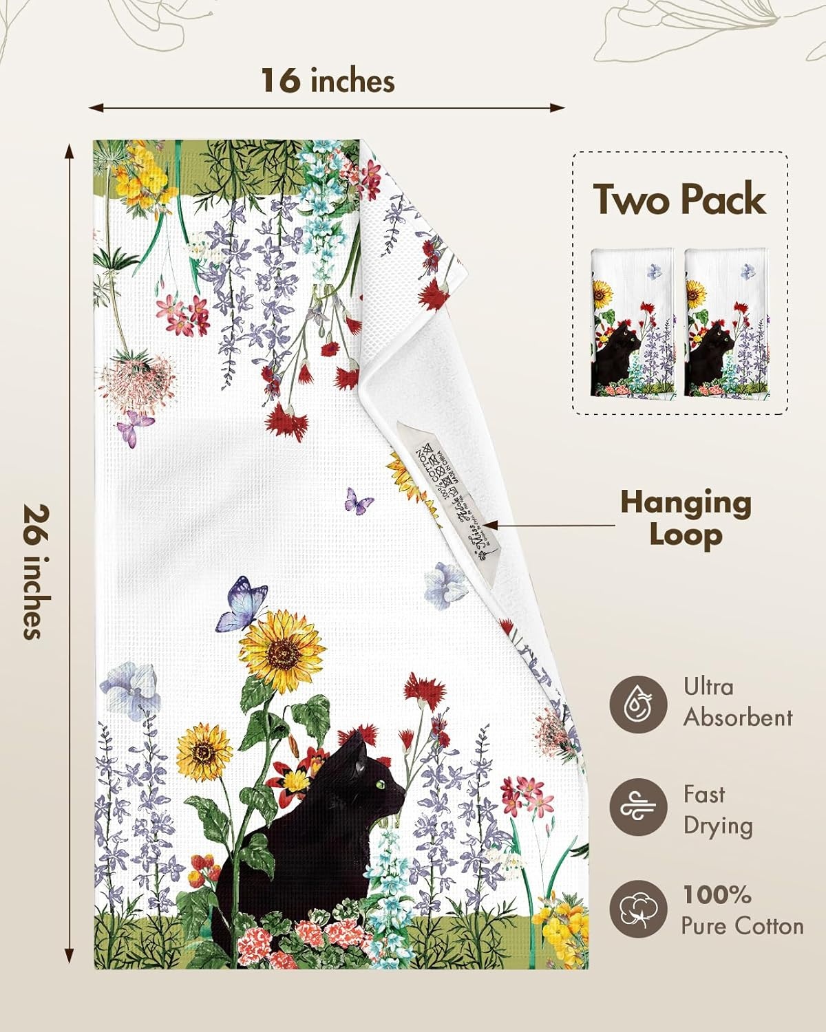 image:imageMiss Adola 2pcs Waffle Kitchen Towels 16x26 Inch Cotton Waffle Weave Dish Cloths Set of 2 with Hanging Loop Absorbent Hand Tea Towels Fruits Design for Housewarming Gift CitrusCat in Flowers