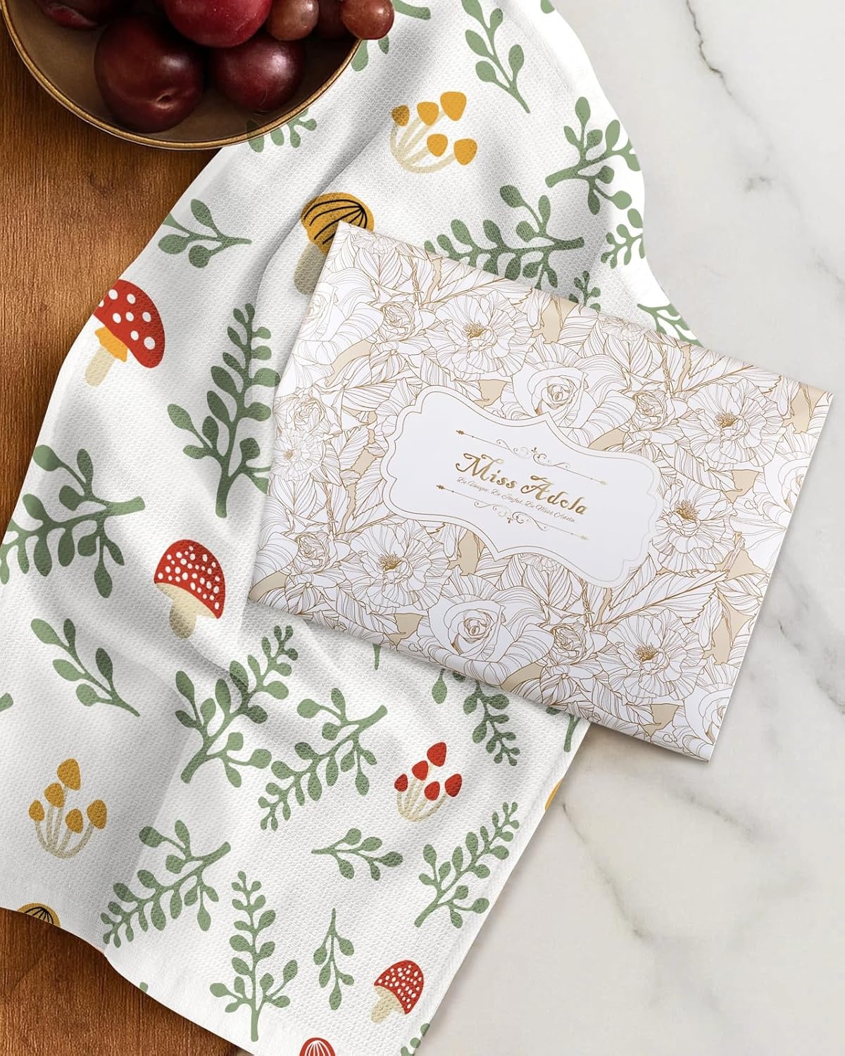 image:imageMiss Adola 2pcs Waffle Kitchen Towels 16x26 Inch Cotton Waffle Weave Dish Cloths Set of 2 with Hanging Loop Absorbent Hand Tea Towels Fruits Design for Housewarming Gift CitrusMushroom