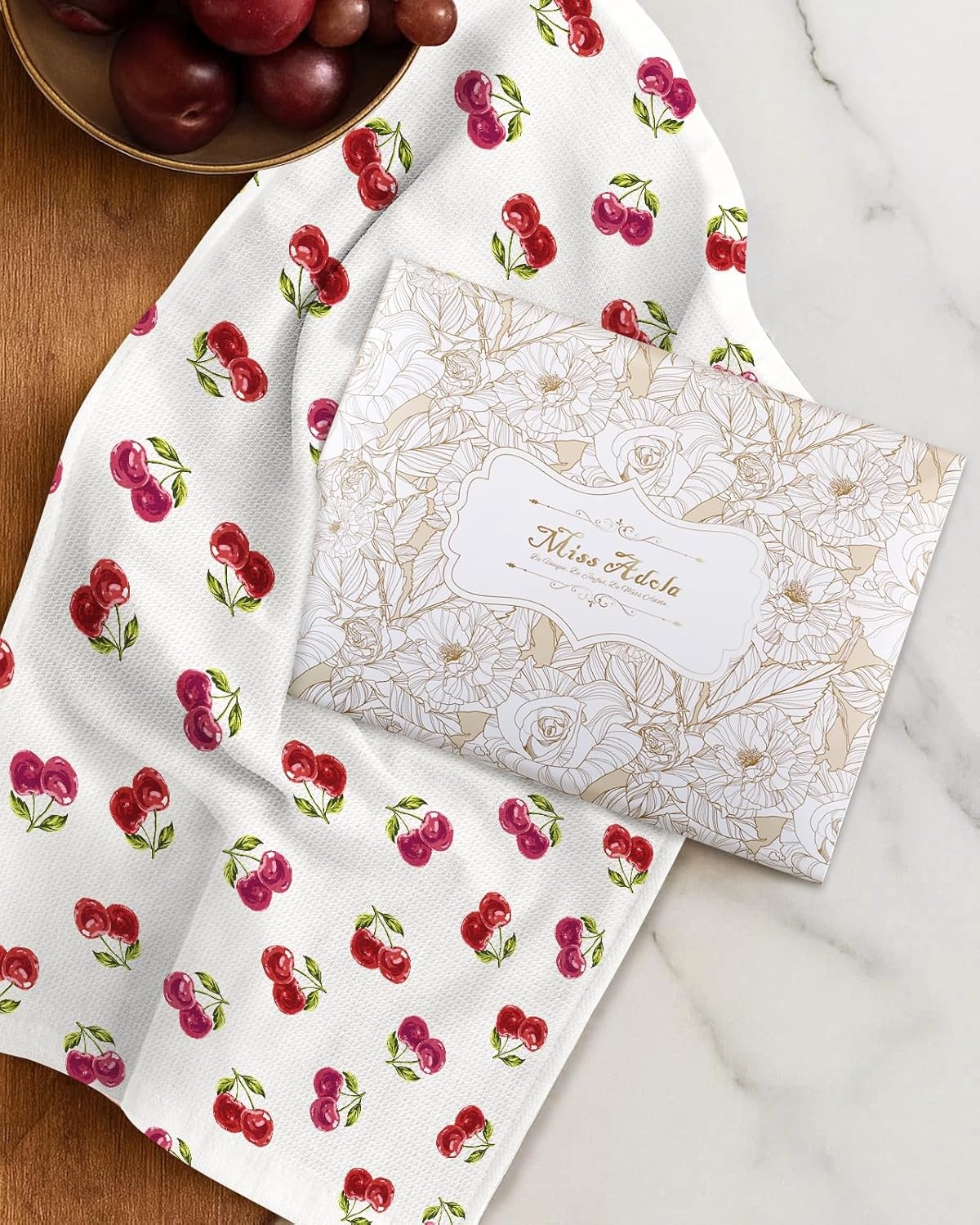 image:imageMiss Adola 2pcs Waffle Kitchen Towels 16x26 Inch Cotton Waffle Weave Dish Cloths Set of 2 with Hanging Loop Absorbent Hand Tea Towels Fruits Design for Housewarming Gift CitrusCherry