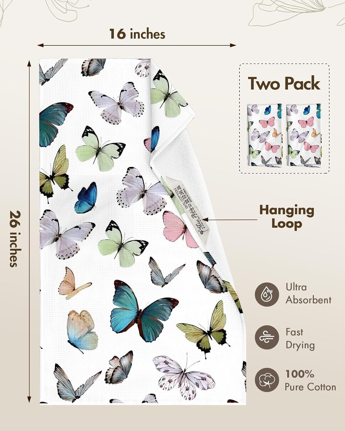 image:imageMiss Adola 2pcs Waffle Kitchen Towels 16x26 Inch Cotton Waffle Weave Dish Cloths Set of 2 with Hanging Loop Absorbent Hand Tea Towels Fruits Design for Housewarming Gift CitrusMorpho Butterfly