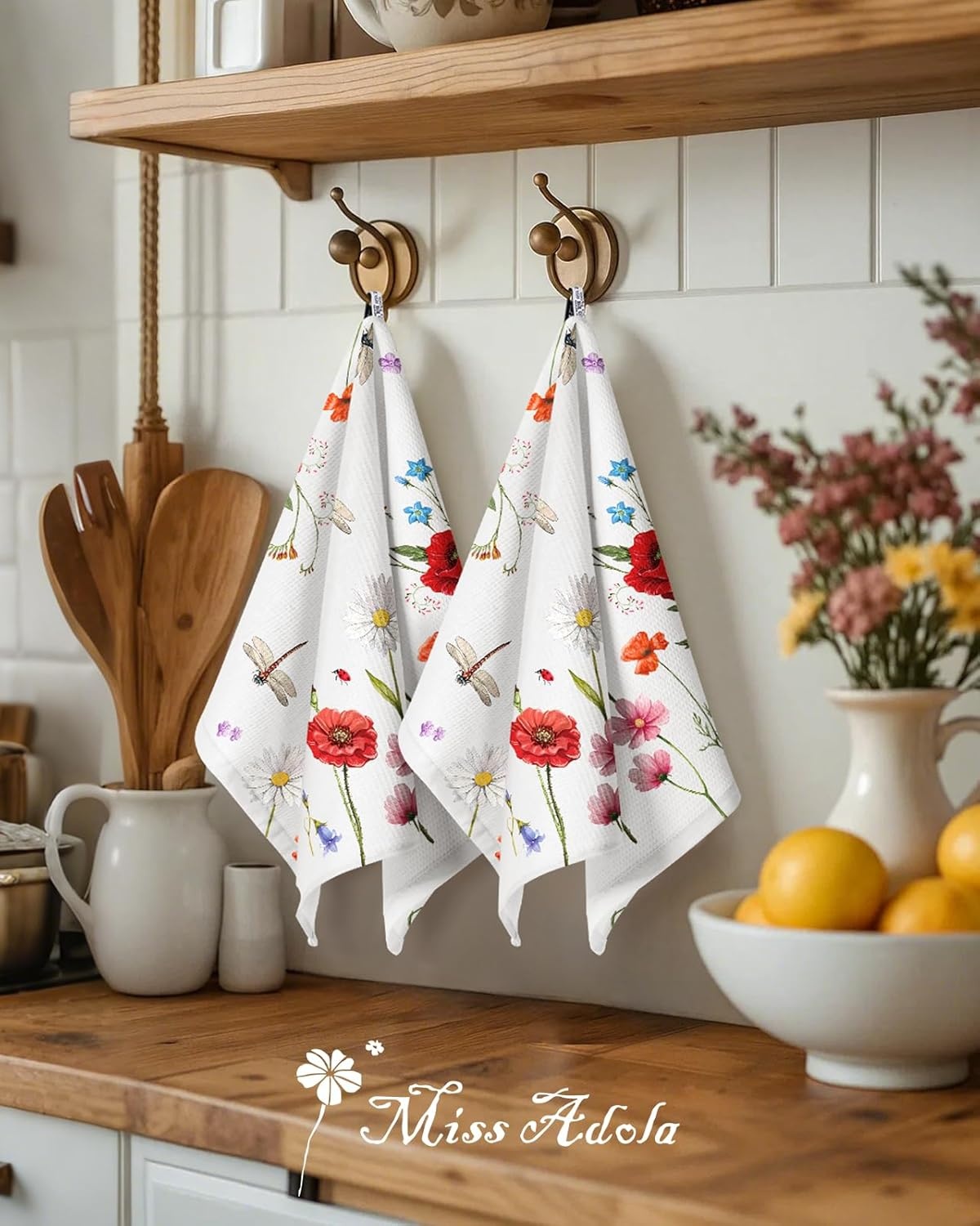 image:imageMiss Adola 2pcs Waffle Kitchen Towels 16x26 Inch Cotton Waffle Weave Dish Cloths Set of 2 with Hanging Loop Absorbent Hand Tea Towels Fruits Design for Housewarming Gift CitrusWildflower