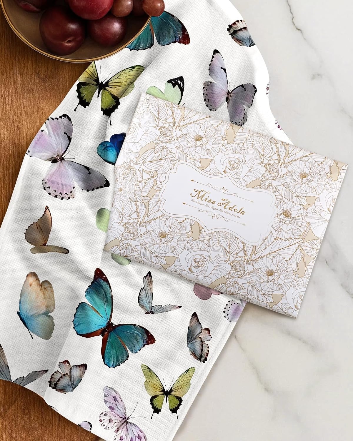 image:imageMiss Adola 2pcs Waffle Kitchen Towels 16x26 Inch Cotton Waffle Weave Dish Cloths Set of 2 with Hanging Loop Absorbent Hand Tea Towels Fruits Design for Housewarming Gift CitrusMorpho Butterfly