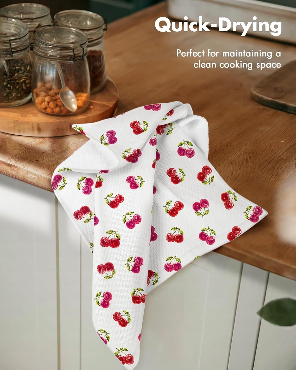 image:imageMiss Adola 2pcs Waffle Kitchen Towels 16x26 Inch Cotton Waffle Weave Dish Cloths Set of 2 with Hanging Loop Absorbent Hand Tea Towels Fruits Design for Housewarming Gift CitrusCherry