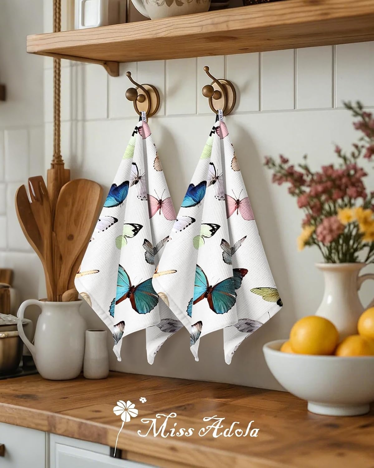 image:imageMiss Adola 2pcs Waffle Kitchen Towels 16x26 Inch Cotton Waffle Weave Dish Cloths Set of 2 with Hanging Loop Absorbent Hand Tea Towels Fruits Design for Housewarming Gift CitrusMorpho Butterfly