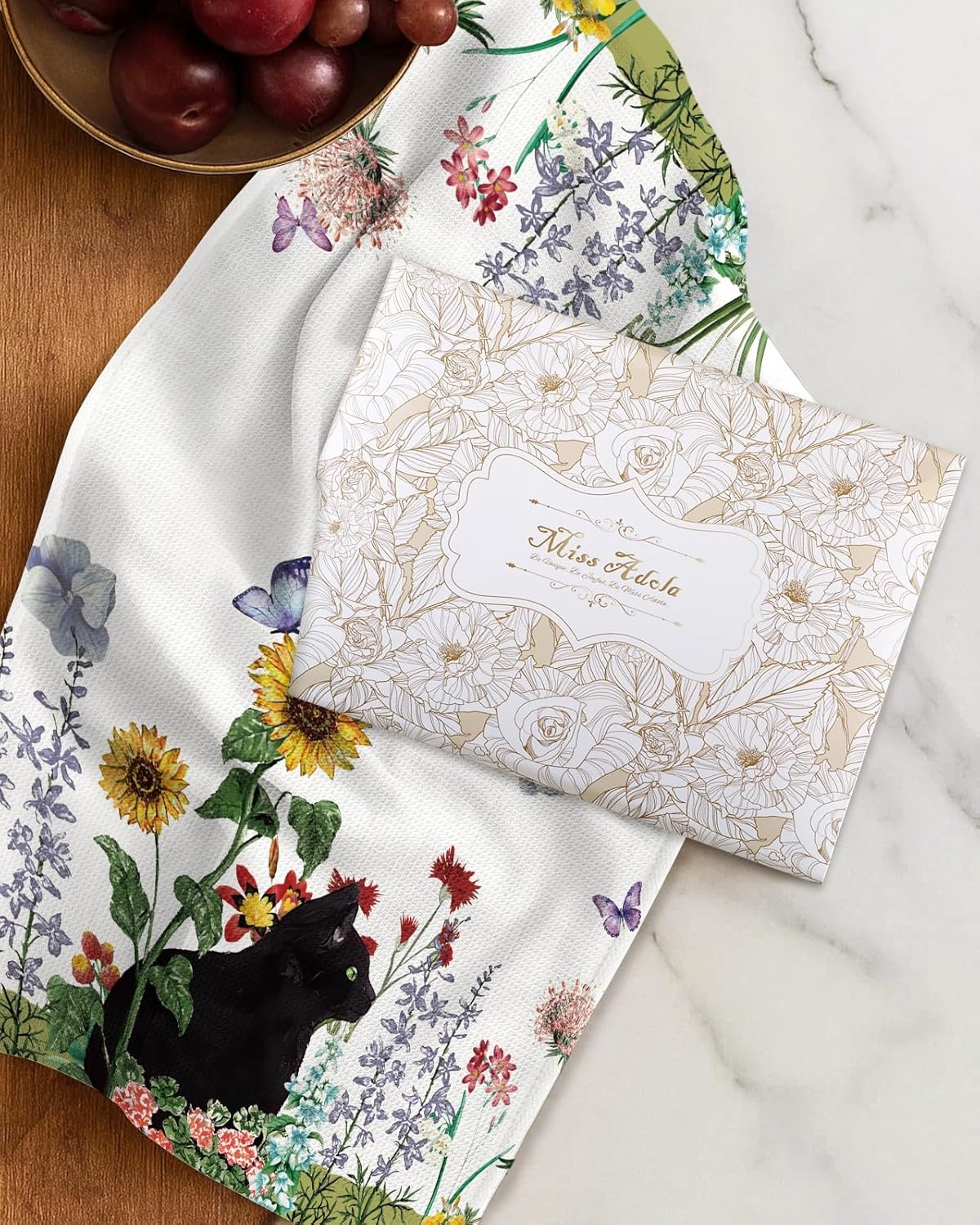 image:imageMiss Adola 2pcs Waffle Kitchen Towels 16x26 Inch Cotton Waffle Weave Dish Cloths Set of 2 with Hanging Loop Absorbent Hand Tea Towels Fruits Design for Housewarming Gift CitrusCat in Flowers