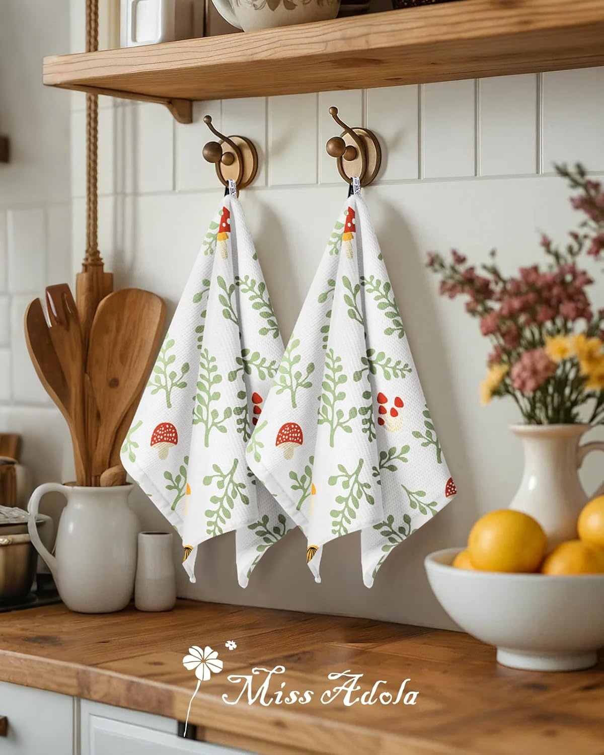 image:imageMiss Adola 2pcs Waffle Kitchen Towels 16x26 Inch Cotton Waffle Weave Dish Cloths Set of 2 with Hanging Loop Absorbent Hand Tea Towels Fruits Design for Housewarming Gift CitrusMushroom