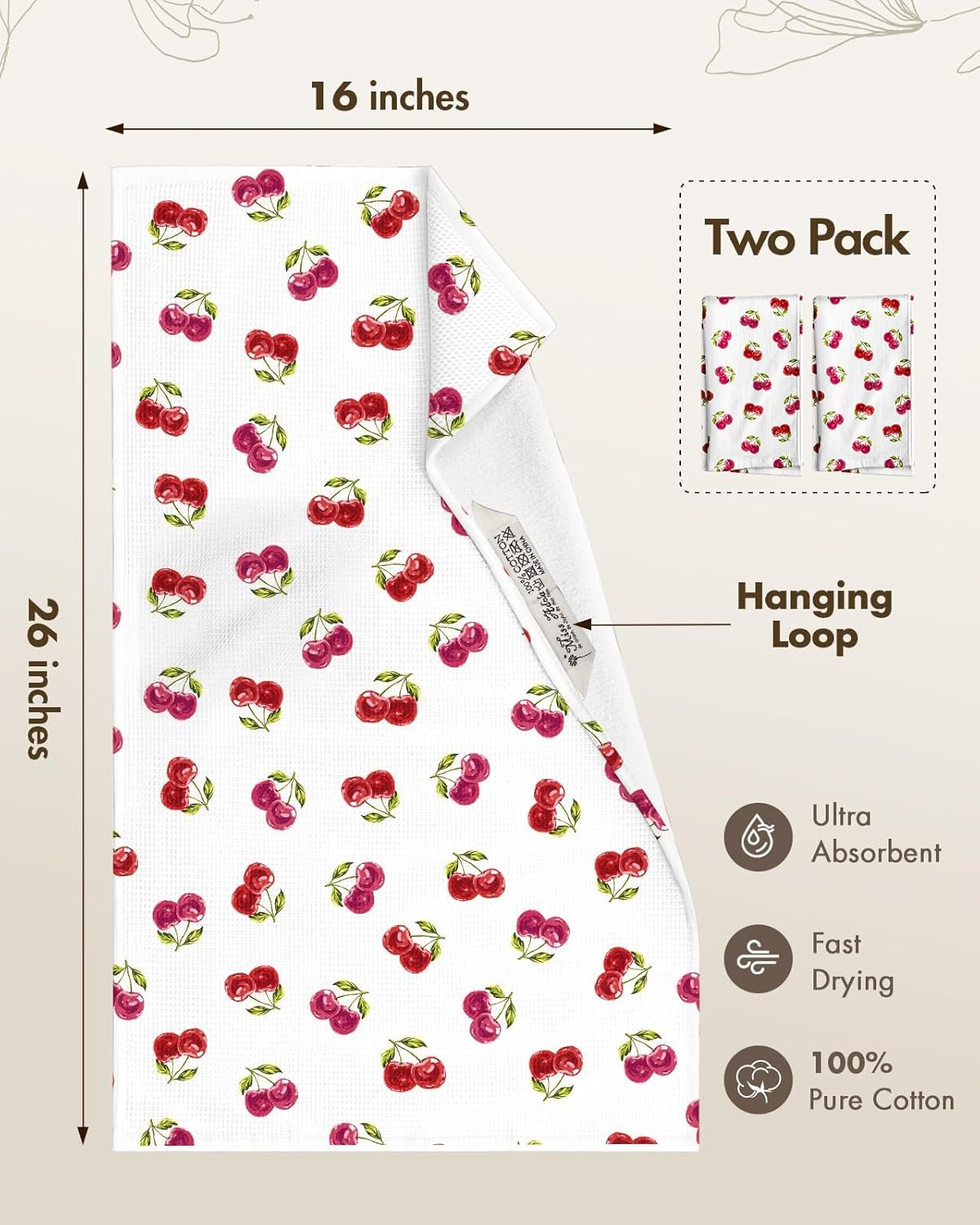 image:imageMiss Adola 2pcs Waffle Kitchen Towels 16x26 Inch Cotton Waffle Weave Dish Cloths Set of 2 with Hanging Loop Absorbent Hand Tea Towels Fruits Design for Housewarming Gift CitrusCherry