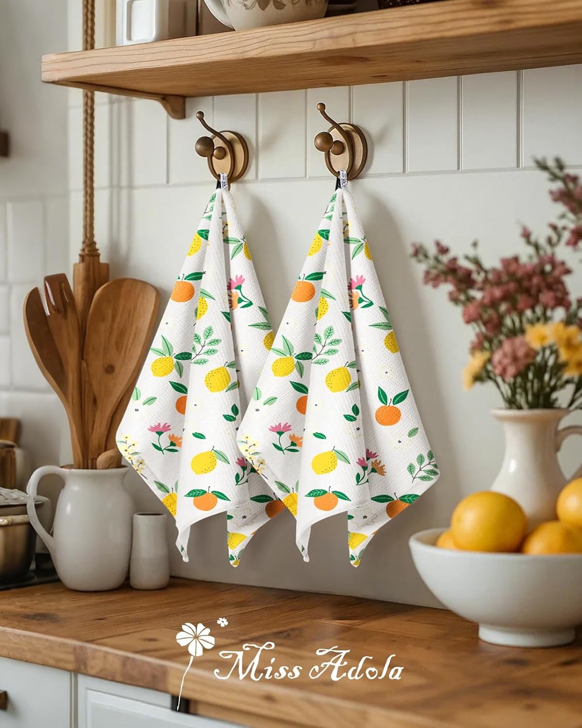 image:imageMiss Adola 2pcs Waffle Kitchen Towels 16x26 Inch Cotton Waffle Weave Dish Cloths Set of 2 with Hanging Loop Absorbent Hand Tea Towels Fruits Design for Housewarming Gift CitrusCitrus