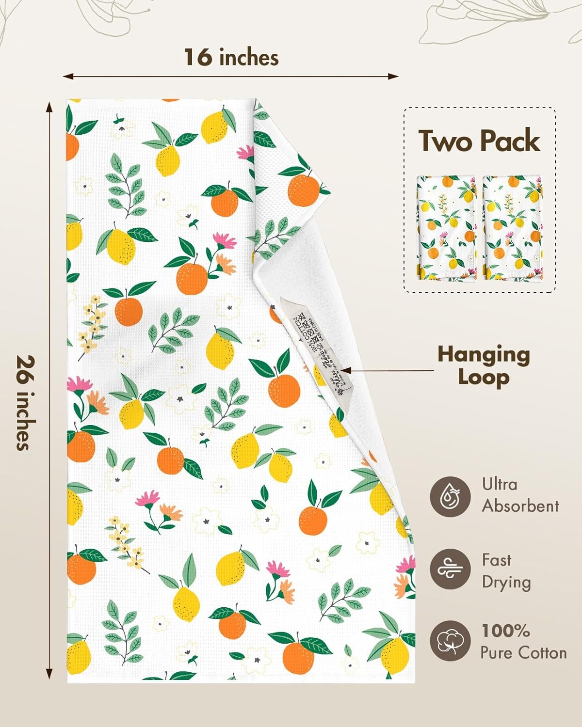 image:imageMiss Adola 2pcs Waffle Kitchen Towels 16x26 Inch Cotton Waffle Weave Dish Cloths Set of 2 with Hanging Loop Absorbent Hand Tea Towels Fruits Design for Housewarming Gift CitrusCitrus