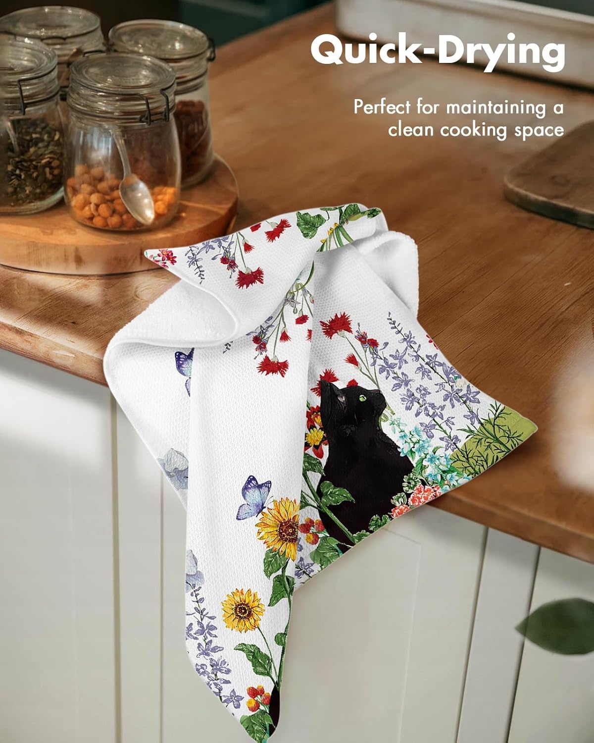 image:imageMiss Adola 2pcs Waffle Kitchen Towels 16x26 Inch Cotton Waffle Weave Dish Cloths Set of 2 with Hanging Loop Absorbent Hand Tea Towels Fruits Design for Housewarming Gift CitrusCat in Flowers