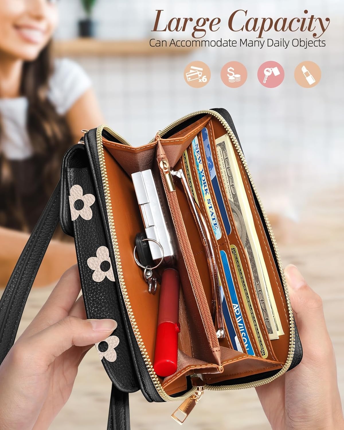 image:imageMiss Adola Cell Phone Purse Crossbody Bags for Women Cute Design Leather Cellphone Bag Small Cross Body Bags Purses Wallet Trendy Aesthetic Pouch with Adjustable Strap for iPhone Black FlowerBlack Flower