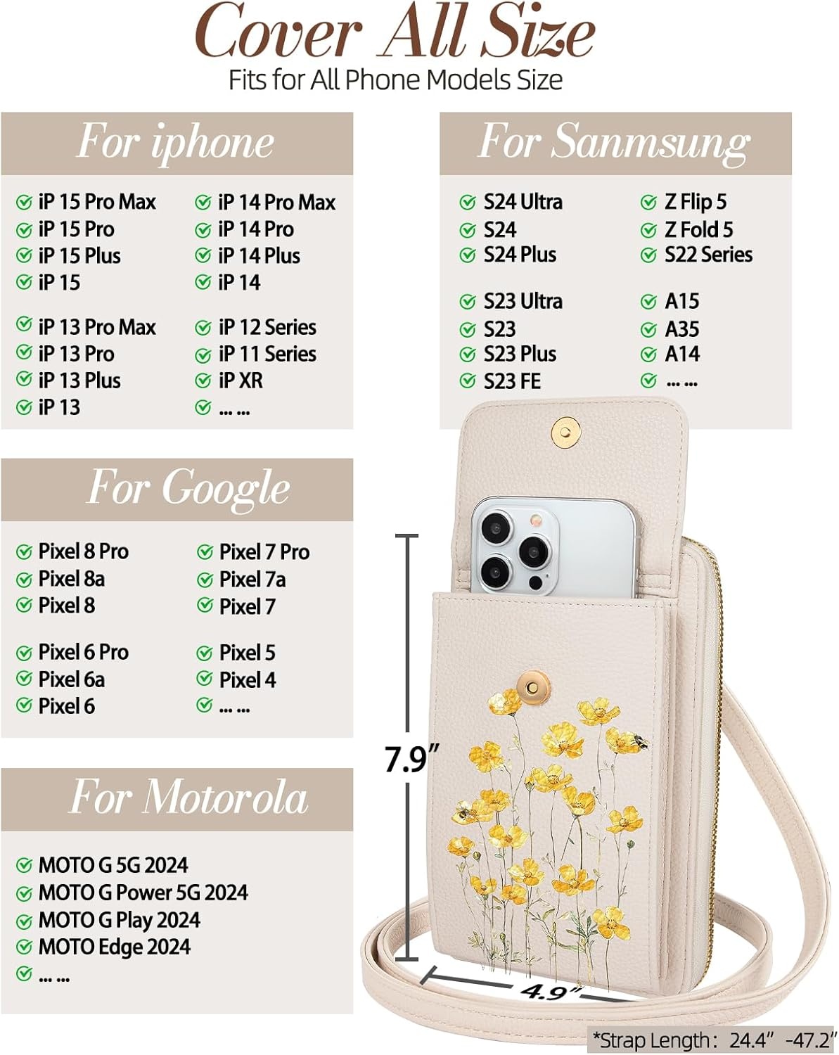 image:imageMiss Adola Cell Phone Purse Crossbody Bags for Women Cute Design Leather Cellphone Bag Small Cross Body Bags Purses Wallet Trendy Aesthetic Pouch with Adjustable Strap for iPhone Black FlowerDaisy