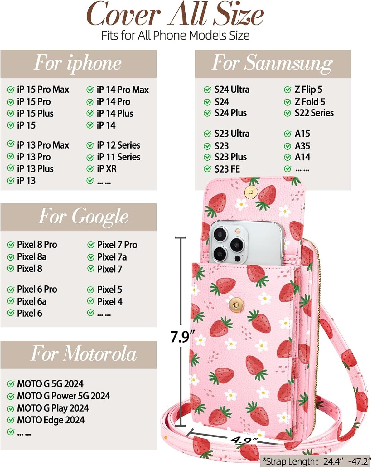 image:imageMiss Adola Cell Phone Purse Crossbody Bags for Women Cute Design Leather Cellphone Bag Small Cross Body Bags Purses Wallet Trendy Aesthetic Pouch with Adjustable Strap for iPhone Black FlowerStrawberry