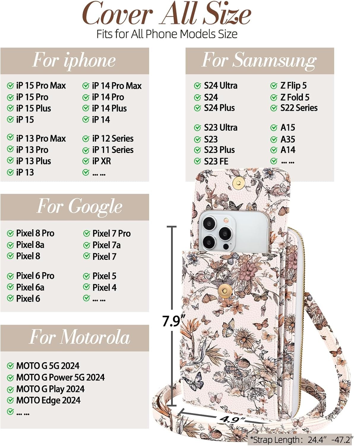 image:imageMiss Adola Cell Phone Purse Crossbody Bags for Women Cute Design Leather Cellphone Bag Small Cross Body Bags Purses Wallet Trendy Aesthetic Pouch with Adjustable Strap for iPhone Black FlowerButterfly Flower