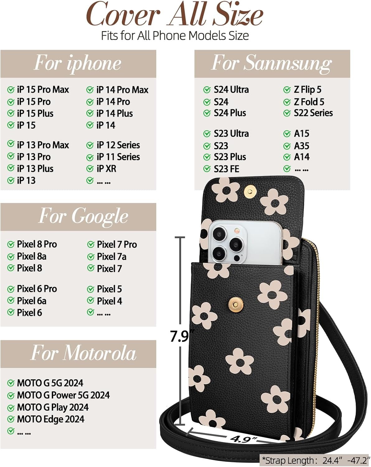 image:imageMiss Adola Cell Phone Purse Crossbody Bags for Women Cute Design Leather Cellphone Bag Small Cross Body Bags Purses Wallet Trendy Aesthetic Pouch with Adjustable Strap for iPhone Black FlowerBlack Flower