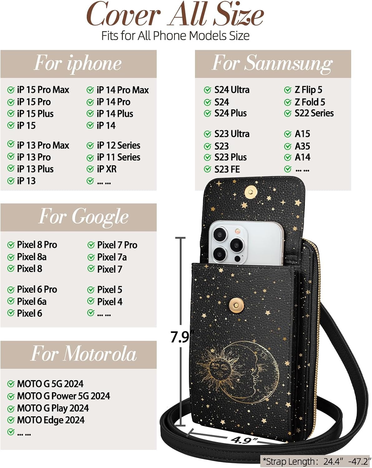 image:imageMiss Adola Cell Phone Purse Crossbody Bags for Women Cute Design Leather Cellphone Bag Small Cross Body Bags Wallet Purses Trendy Aesthetic Pouch for iPhone with Adjustable Strap Vintage FlowerBlack Sun Moon