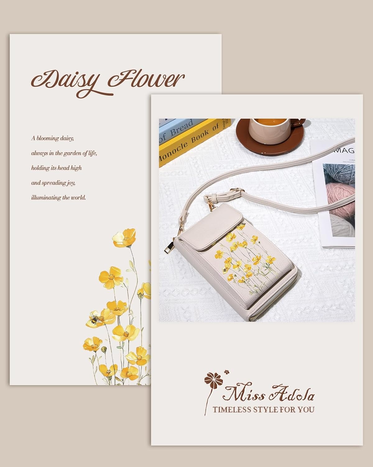 image:imageMiss Adola Cell Phone Purse Crossbody Bags for Women Cute Design Leather Cellphone Bag Small Cross Body Bags Wallet Purses Trendy Aesthetic Pouch for iPhone with Adjustable Strap Vintage FlowerDaisy