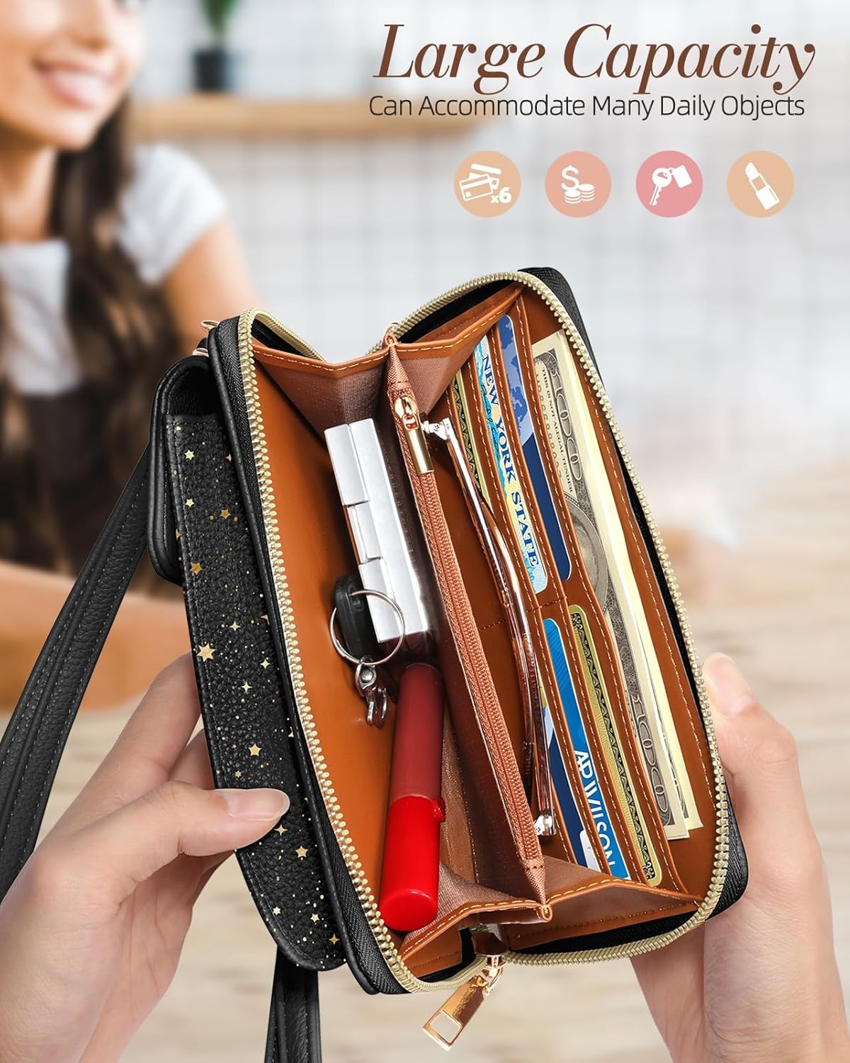 image:imageMiss Adola Cell Phone Purse Crossbody Bags for Women Cute Design Leather Cellphone Bag Small Cross Body Bags Wallet Purses Trendy Aesthetic Pouch for iPhone with Adjustable Strap Vintage FlowerBlack Sun Moon