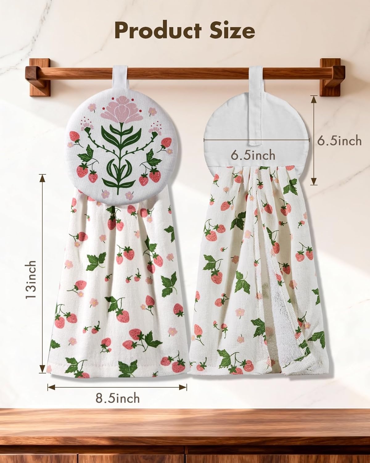image:imageMiss Adola Cotton Hanging Hand Towels 2pcs Hand Drying Towels for Kitchen Bathroom with Hanging Loop Cute Decorative Soft Terry Cloth Kitchen Towel with Strawberry Design for Housewarming GiftsWatercolor Strawberry