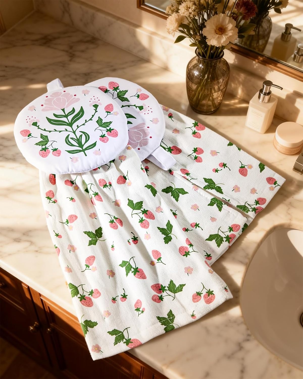 image:imageMiss Adola Cotton Hanging Hand Towels 2pcs Hand Drying Towels for Kitchen Bathroom with Hanging Loop Cute Decorative Soft Terry Cloth Kitchen Towel with Strawberry Design for Housewarming GiftsWatercolor Strawberry