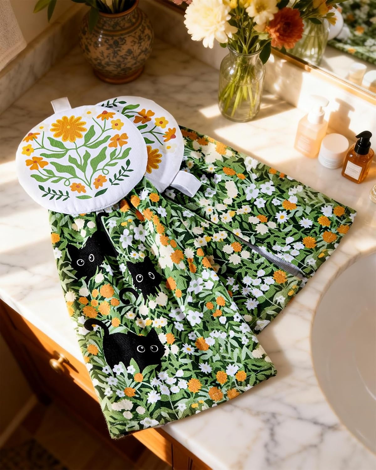 image:imageMiss Adola Cotton Hanging Hand Towels 2pcs Hand Drying Towels for Kitchen Bathroom with Hanging Loop Cute Decorative Soft Terry Cloth Kitchen Towel with Strawberry Design for Housewarming GiftsPlayful Cats