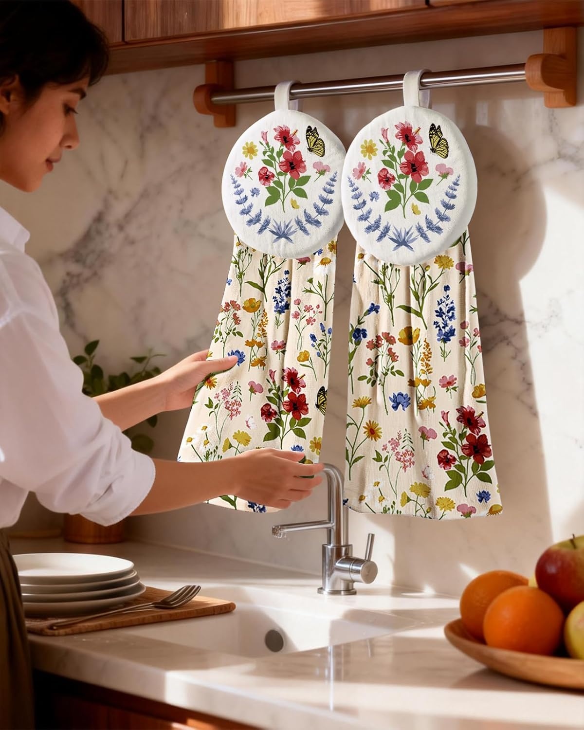 image:imageMiss Adola Cotton Hanging Hand Towels 2pcs Hand Drying Towels for Kitchen Bathroom with Hanging Loop Cute Decorative Soft Terry Cloth Kitchen Towel with Strawberry Design for Housewarming GiftsVintage Flower